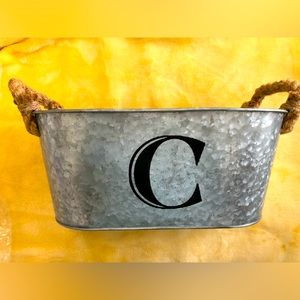 Galvanized Oval Storage Bucket with Rope Handles. “C” initial